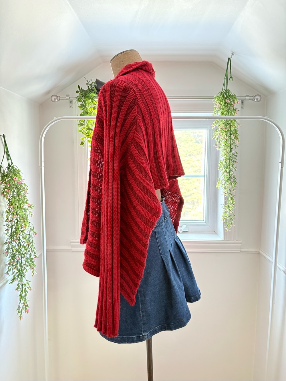 Open-Front Asymmetrical Red Striped Women’s Cardigan Sweater - Picture 2 of 4